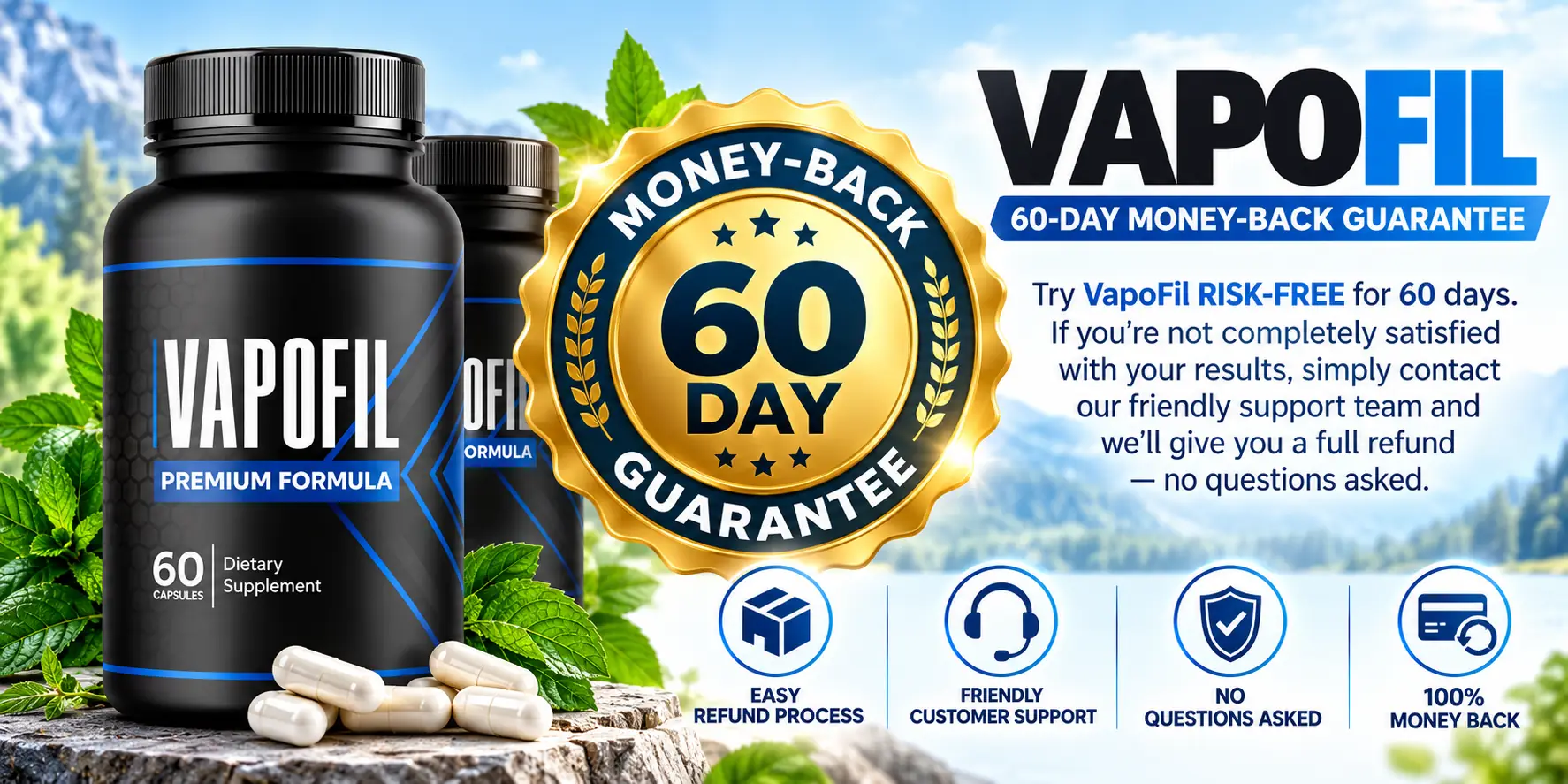 VapoFil bottles with the 60-day money-back guarantee seal