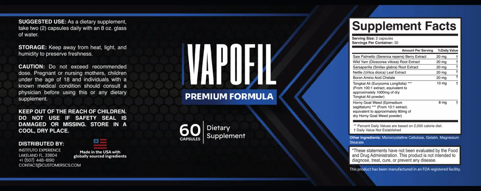 VapoFil bottle label with supplement facts and suggested use